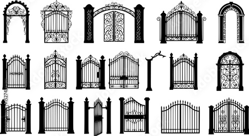 A collection of ornate black silhouettes of gates and arches
