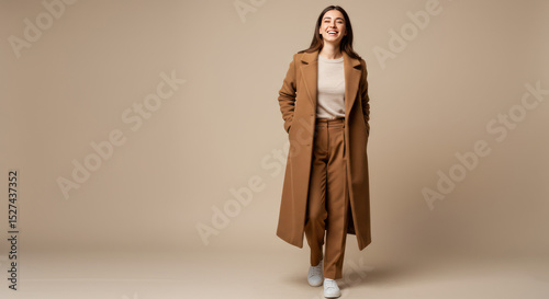 Stylish Woman in Brown Coat and Casual Outfit By Generated AI