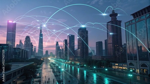 Digital Metropolis: A captivating visual of an illuminated metropolis with glowing data streams weaving between towering skyscrapers.