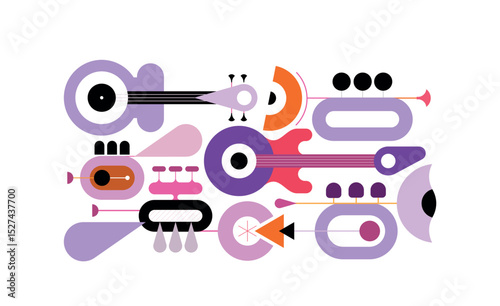 Concert and music festival poster template, colorful musical instruments isolated on a white background Abstract vector design of trumpets and guitars.