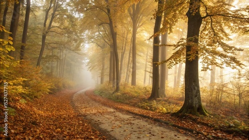 Autumn's Embrace: A serene autumn scene unveils a winding road through a golden forest, with sunlight gently filtering through the trees, painting a picture of tranquility.