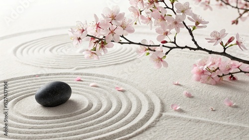 Zen Garden Serenity: A serene composition features a carefully raked sand garden with elegant concentric circles, a smooth black stone, and delicate cherry blossom branches.