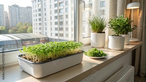Urban Green Oasis: Lush indoor garden on a sun-drenched windowsill, creating a vibrant, refreshing scene, featuring various potted plants thriving in natural light.