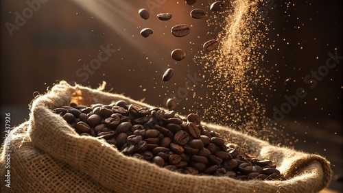 Aromatic Coffee Beans: Witness the allure of freshly roasted coffee beans as they cascade into a burlap sack, evoking the rich aroma and warmth of the coffee experience.