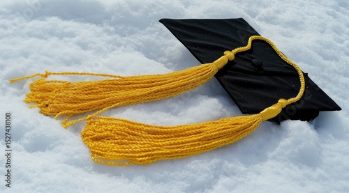 Black graduation cap with gold tassels on snow