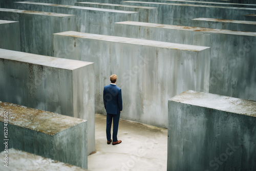 Confronting obstacles: A lone businessman in a formal suit stands before a seemingly endless array of high concrete walls, symbolizing the multitude of challenges and barriers in the path to success.