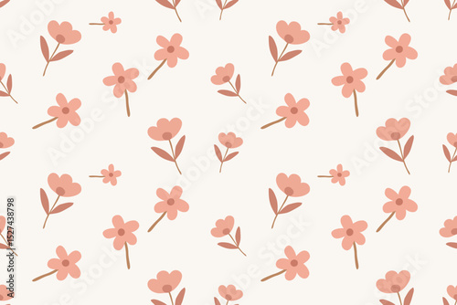 Minimalist floral pattern with pastel pink flowers and soft brown stems on a cream background. Perfect for wallpapers, gift wrap, stationery, or cute design projects.