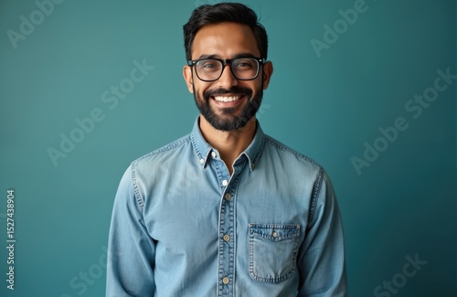 Portrait of joyful Indian man with spectacles smiling at camera. Middle-aged adult with beard wears casual attire. Positive expression, happy face, successful entrepreneur in studio.