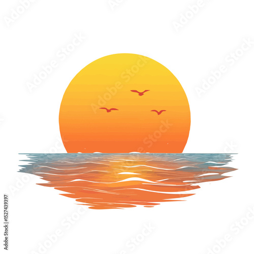 2D flat Orange Sunset Calm Ocean illustration vector, isolated on a white background.