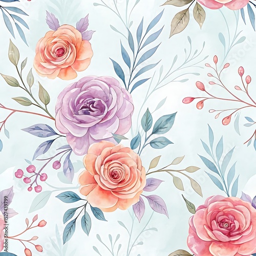 Romantic Watercolor Roses Seamless Pattern in Soft Colors