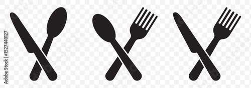 Food, plate, fork, knife, spoon, cutlery icon set. Black simple illustration for dinner, eating food, cafe, restaurant. Illustration on Transparent Background. EPS 10.