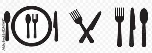 Food, plate, fork, knife, spoon, cutlery icon set. Black simple illustration for dinner, eating food, cafe, restaurant. Illustration on Transparent Background. EPS 10.