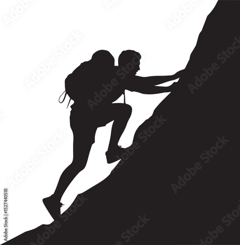 Silhouette of a Man Climbing Mountain Black and White Vector Illustration