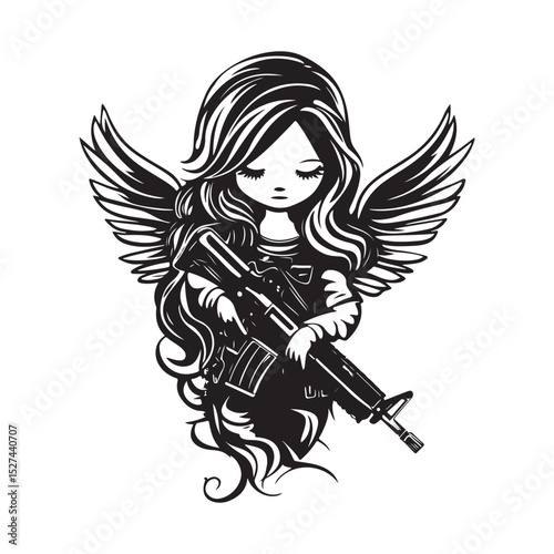 A Tiny Winged Fairy Dressed in Military Uniform Holding a Firearm in Her Hands Vector