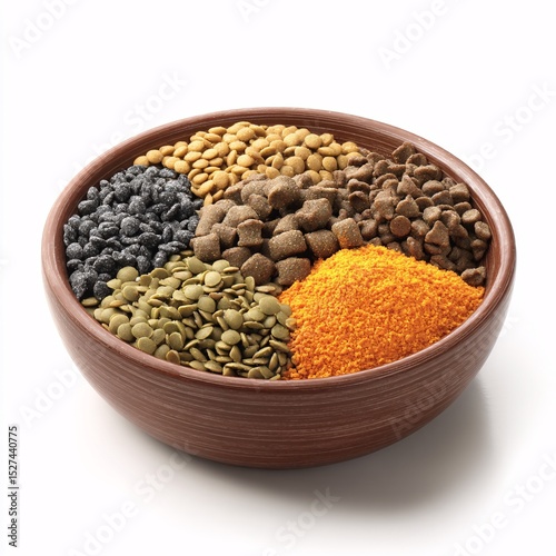 3D natural dog food ingredients in a bowl, ideal for healthy pets, isolated on white background.