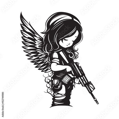 Winged Fairy Dressed as a Soldier Holding a Firearm with Serious Expression Vector