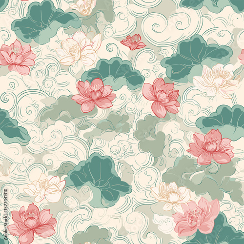 Wallpaper Mural Oriental Lotus Pattern – Korean Traditional Floral and Cloud Motif Torontodigital.ca