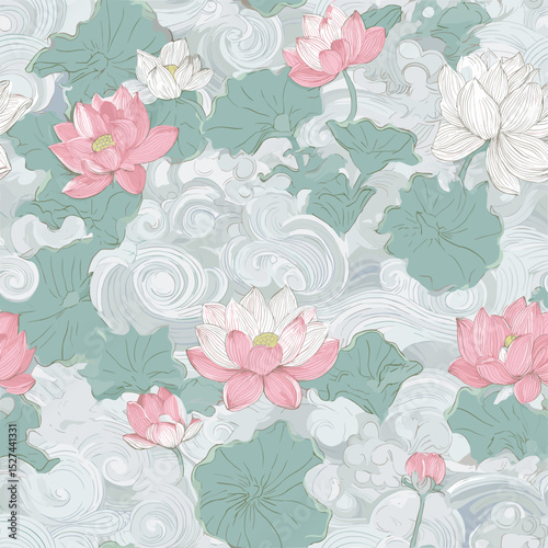 Wallpaper Mural Oriental Lotus Pattern – Korean Traditional Floral and Cloud Motif Torontodigital.ca