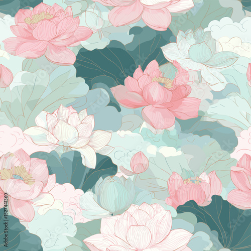 Wallpaper Mural Oriental Lotus Pattern – Korean Traditional Floral and Cloud Motif Torontodigital.ca