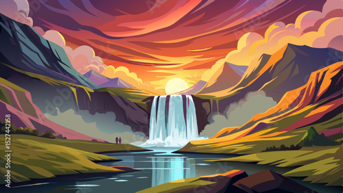Majestic Skogafoss Waterfall in Iceland during sunrise with dramatic and colorful sky. Stunning natural scenery and one of the most beautiful travel destinations in the world