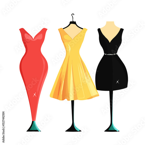 New Years Eve Party Dresses vector 2D flat illustration, isolated on a white background.