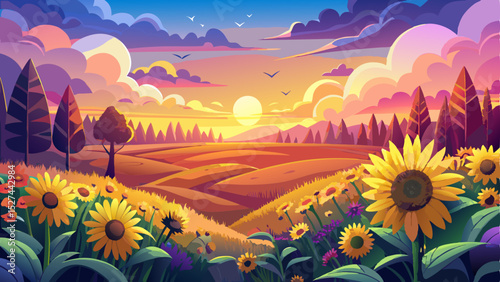 Beautiful summer landscape with a panoramic view of a sunflower field under a vibrant sunset sky. Warm golden light illuminating the blossoms, creating a peaceful and colorful atmosphere