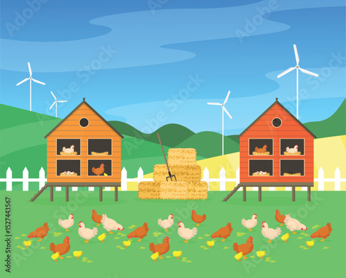 Farm landscape with chicken coops and hens. Farm products. Agribusiness.