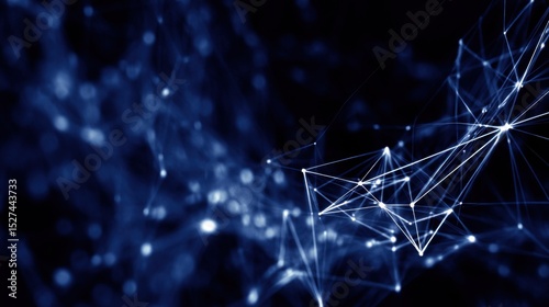 Abstract digital composition featuring a dark background with a complex network of white lines and geometric shapes on the right, resembling a neural network or digital graph, contrasted by a blurred,