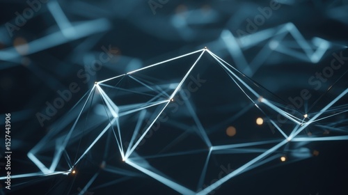 Futuristic digital network of glowing white lines forming intricate geometric shapes with interconnected triangular and polygonal structures, highlighted by vibrant orange connection points. Dark blue
