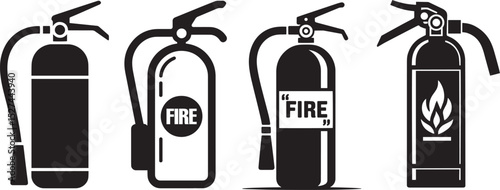 Simple Fire Extinguisher Icons Set for Safety, Four black and white fire extinguisher icons,