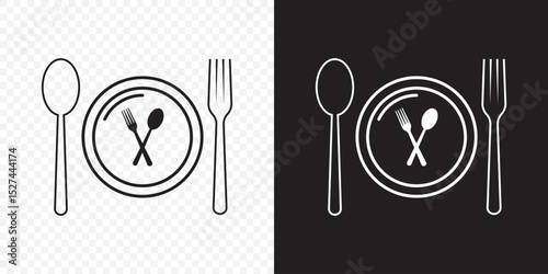 Tableware thin line icon set of fork, knife, spoon. Logotype menu. Cutlery and crockery sign. Flat style eating utensils symbol collection in Stroke on Transparent Background. EPS 10.