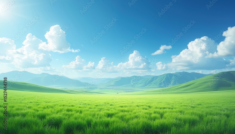 Obraz premium Panoramic natural landscape features green grass field under blue sky with fluffy white clouds. Gentle rolling hills, mountains create scenic background. Ideal for nature travel blogs, eco