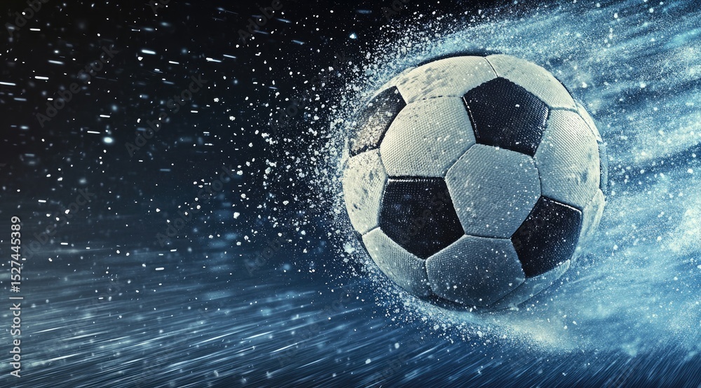Fototapeta premium Soccer ball in motion, surrounded by water/ice-like effects