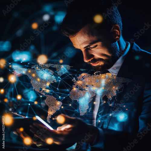 Businessman holds global assessment with network connected to strategic operations, market analysis, and innovative solution. Economic development strategies to enhance business performance globally.