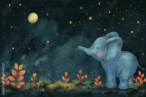 Elephant's Starry Night: A Whimsical Illustration of a Cute Elephant Under a Sky Full of Stars.