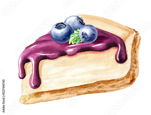 Sweet dessert, pie, blueberry cheesecake with fruit topping. Hand drawn watercolor illustration, isolated on white background