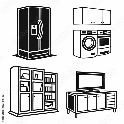 Home Appliance Icons Refrigerator, Washer, Oven, Cabinets, Bookcase, TV Stand - Simple Black and White Vector Illustrations