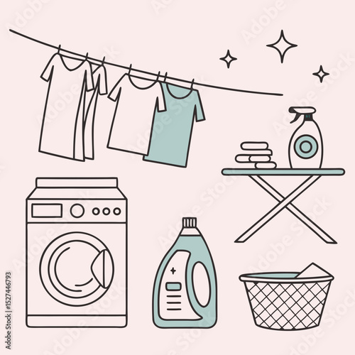 Laundry Day Essentials A Guide to Clean Clothes and Fresh Linen with Washing Machine, Ironing Board, Laundry Basket, Detergent, and Fabric Softener
