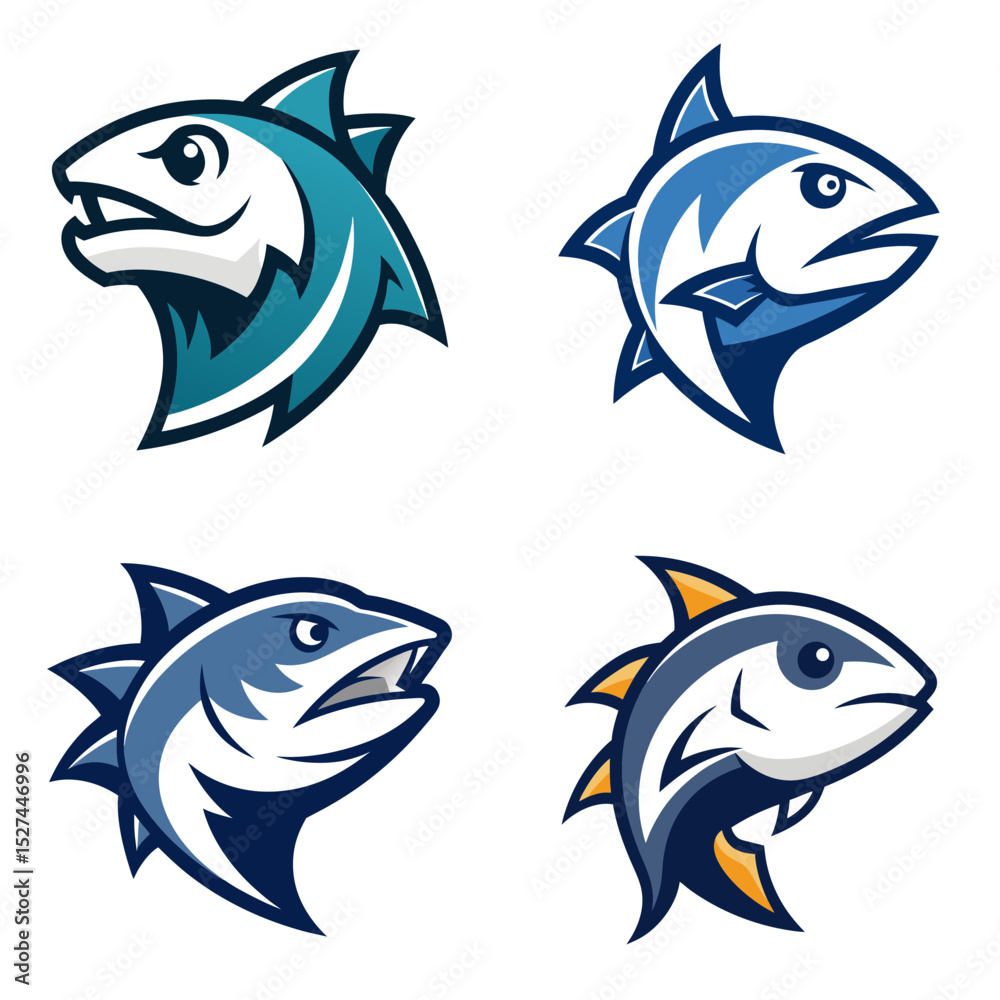Obraz premium Collection of four stylized fish heads with sharp teeth and aggressive expressions in various colors