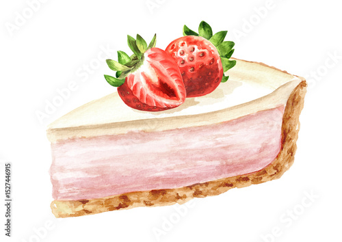 Sweet dessert, strawberry cheesecake. Hand drawn watercolor illustration isolated on white background