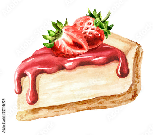 Sweet dessert, pie, strawberry cheesecake with fruit topping. Hand drawn watercolor illustration, isolated on white background