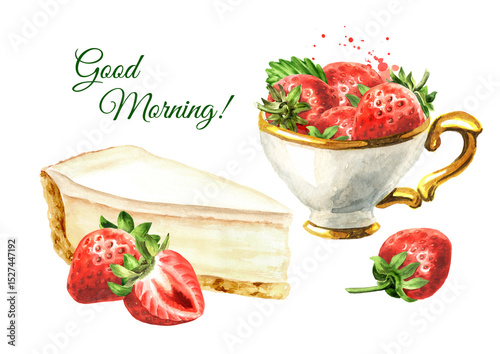Sweet strawberry cheesecake and strawberries. Greeting card. Watercolor hand drawn illustration isolated on white background