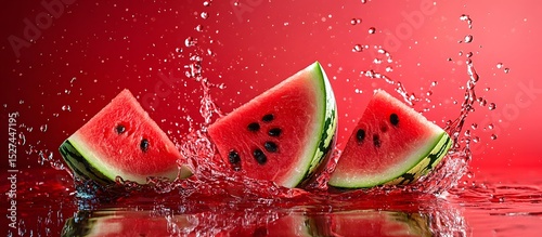 Fresh watermelon slice splashing in water against a vibrant red background