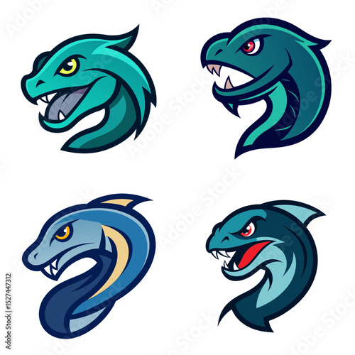 Collection of four stylized snake head logos with varying colors and aggressive expressions shown clearly