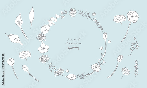 草木のベクター線画。草木と花のシンプル線画イラスト。植物のイラスト。Vector line drawing of grass and trees. Simple line drawing illustration of plants and flowers. Illustration of plants.