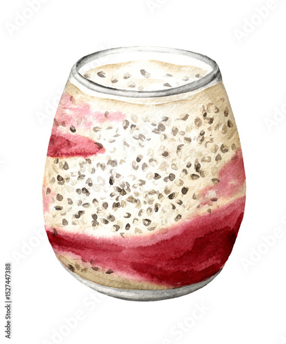 Chia pudding. Healthy nutrition concept. Watercolor hand drawn illustration, isolated on white background
