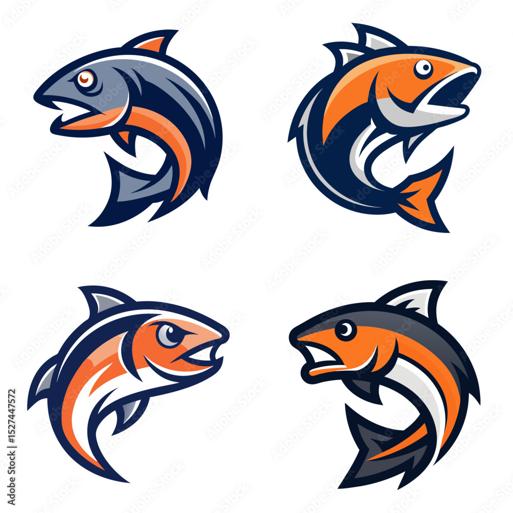 Fototapeta premium Illustration of four stylized jumping fish with open mouths in orange and blue colors on a white background