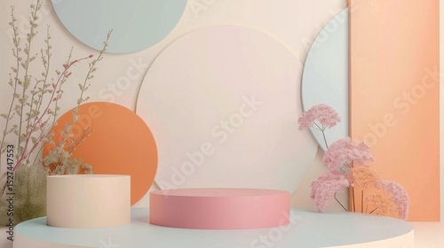 Abstract Geometric Background with Pink and Blue Shades. Pastel Light 3D Podium for Product Display