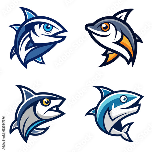 Four cartoon fish designs with varied colors and styles in a square arrangement on white background