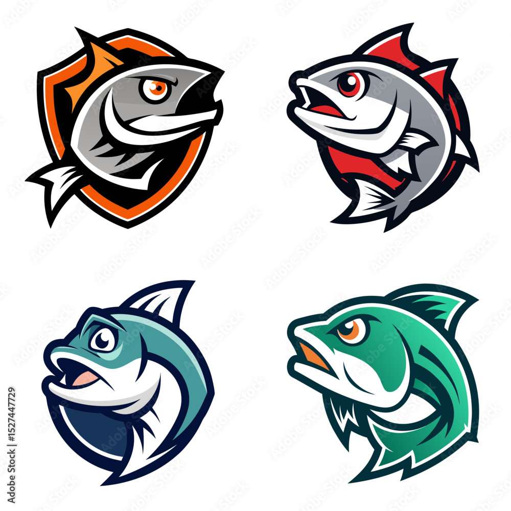 Obraz premium Collection of four stylized fish illustrations with varying colors and designs facing different directions